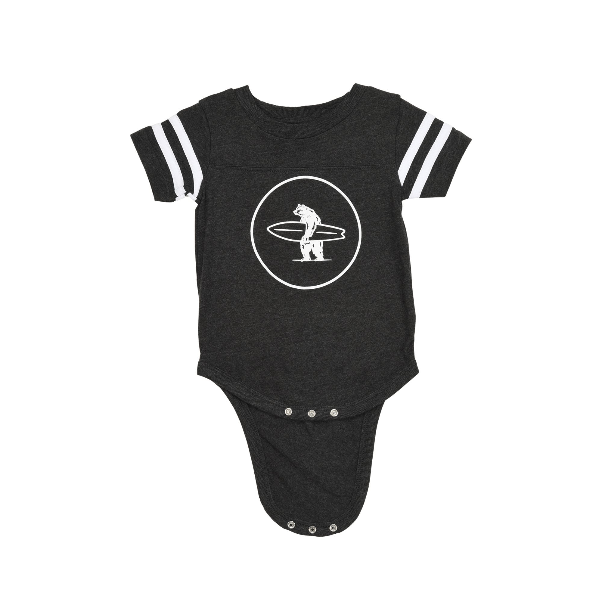Everyday California Brutus Onesie - Charcoal baby onesie with Brutus logo on the front and Everyday California print on the back.