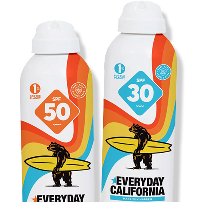 Two bottles of Reef Safe Mineral Spray sunscreen side by side.